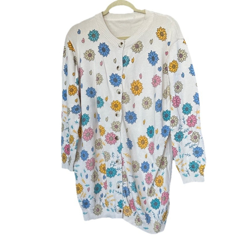 Women Cottagecore Boho Floral Sunflower Daisies Cardigan Sweater Button Front XL
